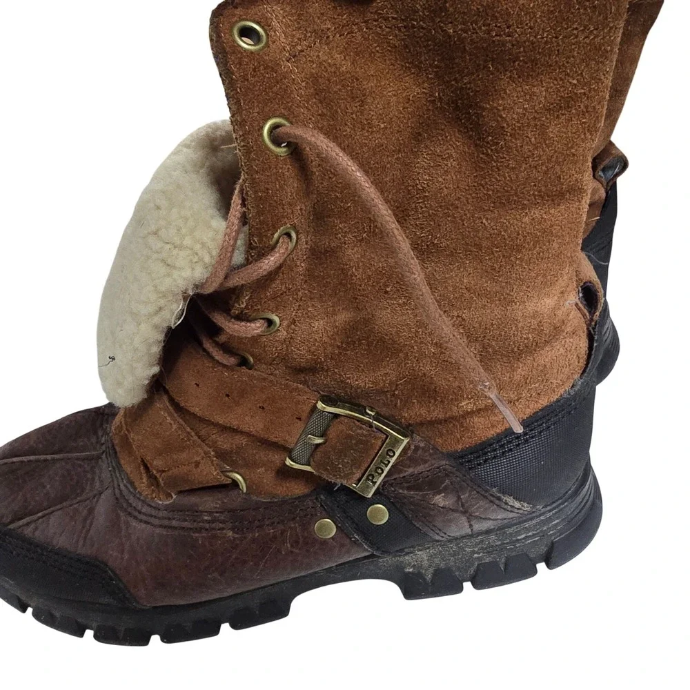Polo Ralph Lauren Vtg Tavin Rollover Shearling Brown Leather Boots Mens Size 10D
